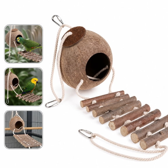 Coconut Bird House, Coconut Shell Bird Nest with Ladder, Parrot Chew Toy Bird Hut for Cage, Parakeet, Cockatiel, Small Bird