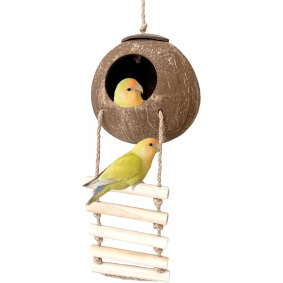 Coconut Bird Nest Hut with Ladder for Parrots Parakeet Conures Cockatiel Lovebird Budgie - Small Animals House Pet Cage Habitats Decor