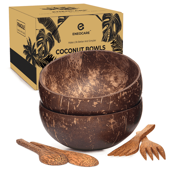 Set of 2 Coconut Bowls, Polished Coconut Bowls with Wooden Spoons and Forks, Wood Bowl, Buddha Bowls, Acai Bowls, Natural Coconut Shell Bowls Set for Smoothie, Vegan Organic Salad