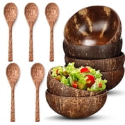 Coconut Bowls and Spoon Sets,Happon 6 Pack Fruit Salad Bowls,Natural Coconut Shell Bowl Home Noodle Rice Tableware for Kitchen and Decoration
