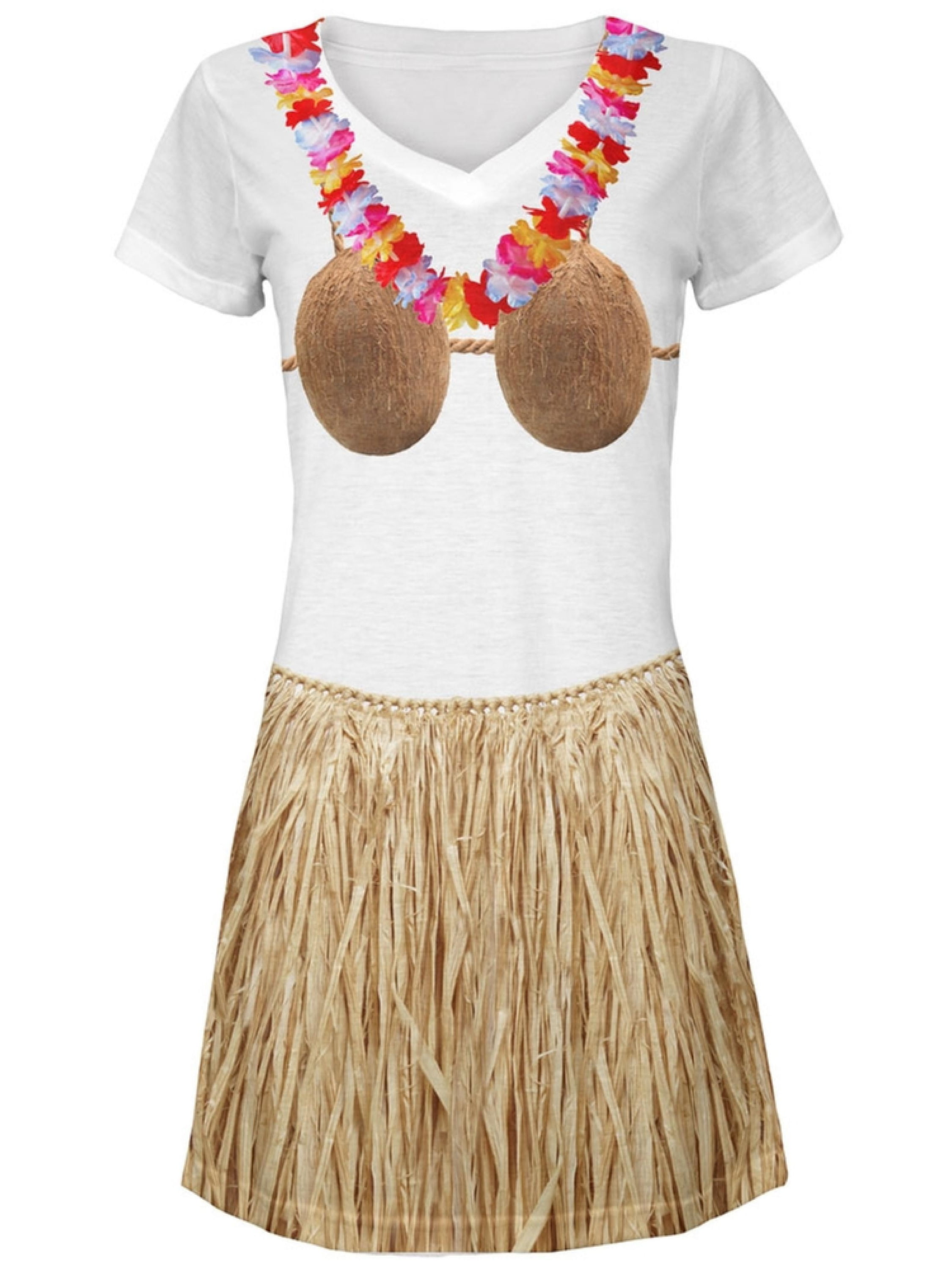 Coconut Bra Grass Skirt Hula Girl Juniors V-Neck Beach Cover-Up Dress