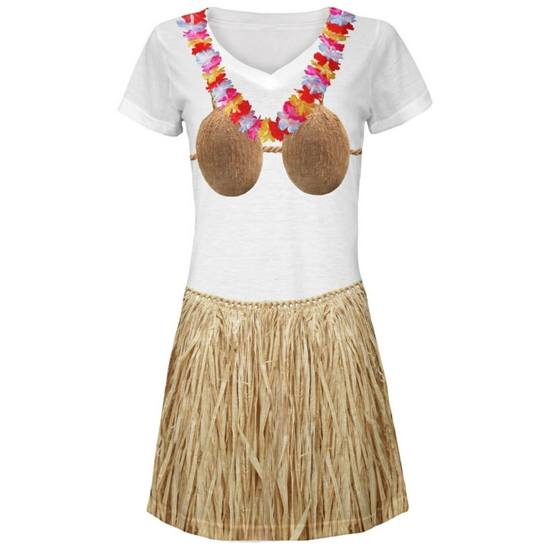Coconut Bra Grass Skirt Hula Girl Juniors V-Neck Beach Cover-Up Dress 