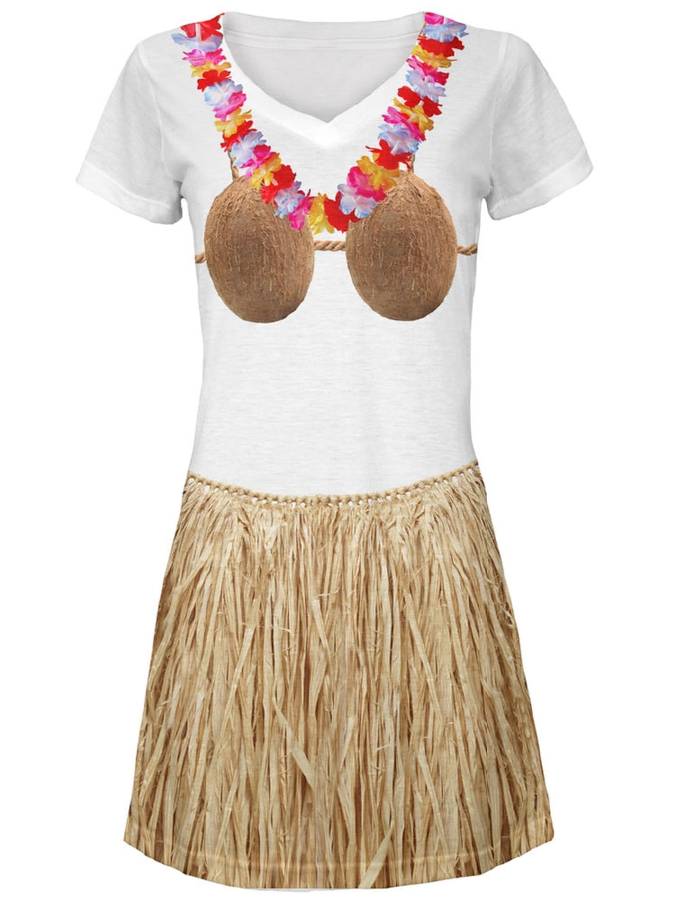 Coconut Bra Grass Skirt Hula Girl Juniors V-Neck Beach Cover-Up Dress 