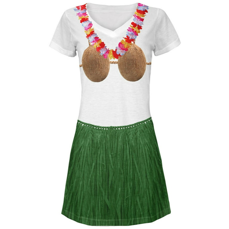 Coconut Bra Green Grass Skirt Hula Girl Juniors V-Neck Beach Cover