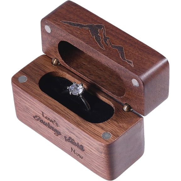 Coconut Brown Wooden Ring Box for Wedding Ceremony Love's Journey Starts Now Engraved Wooden Holder Pocket Size Wedding Ring Box Ring for Proposal Engagement Ideas