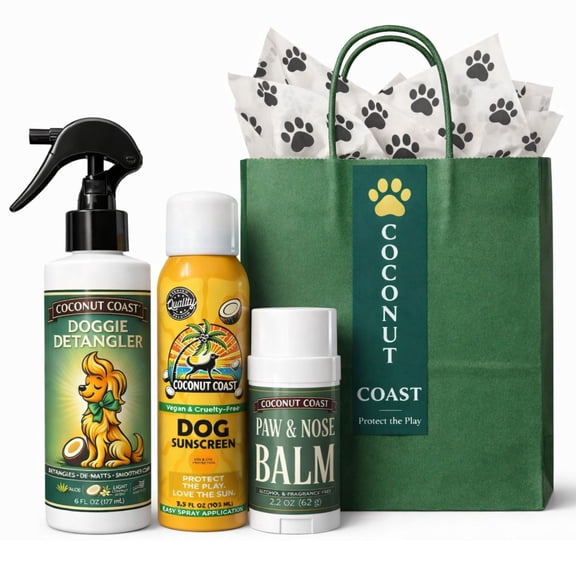 Coconut Coast Outdoor Adventure Dog Gift Bag 3-Step Care Trio Detangler, Paw and Nose Balm, and Sunscreen Spray