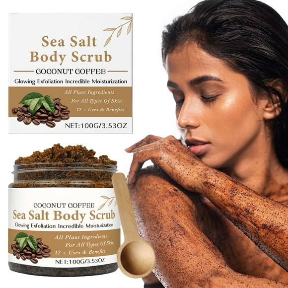 Coconut Coffee Body Scrub – All Natural Exfoliator with Sea Salt & Moisturizing Oils, Deep Cleansing & Hydrating for Soft, Smooth Skin, Includes Wooden Spoon, 3.53oz