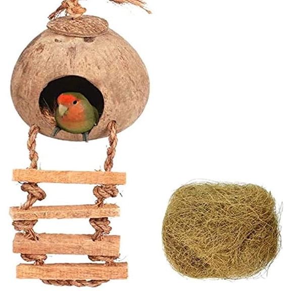Coconut Hide with Ladder, Natural Fiber Hanging Birdhouse Cage, Bird Shell Breeding Nest for Parrot, Parakeet, Lovebird, Finch, Canary (2 Pcs)