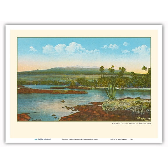 Coconut Island - Moku Ola (Island of Life) - Hilo Bay Big Island Hawaii - Vintage Hawaiian Color Postcard c.1924 - Master Art Print (Unframed) 9in x 12in