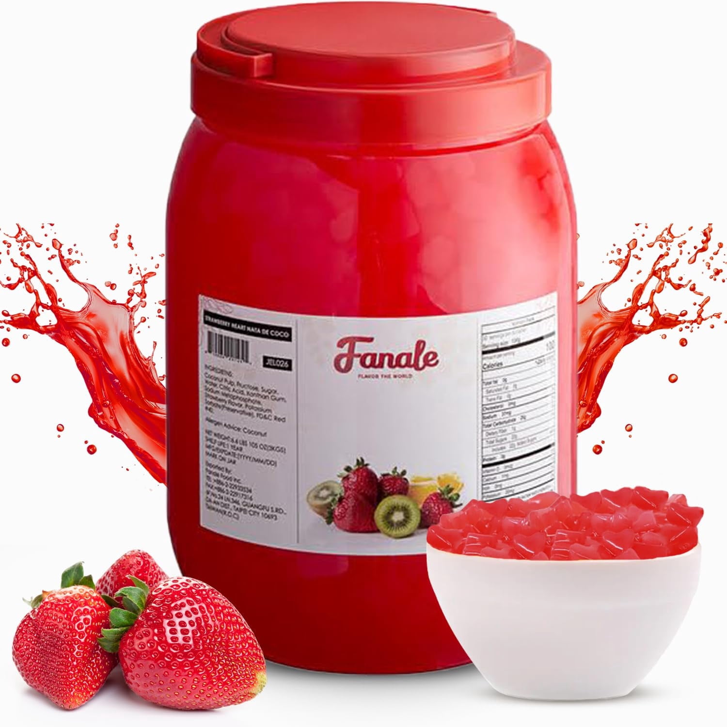 Fanale Strawberry Heart Shaped Coconut Jelly Topping, Nata De Coco for Bubble Tea, Ice Cream, Yogurt, Smoothies, Milk Tea, and Desserts, 6.6 lb (Pack of 4)