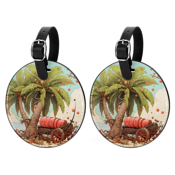 Coconut Jujube Tree&Eid Cannon 2Pcs PU Leather Round Luggage Tags with Privacy Cover and Name ID Tag for Suitcase, Handbags, Backpacks, School Bags