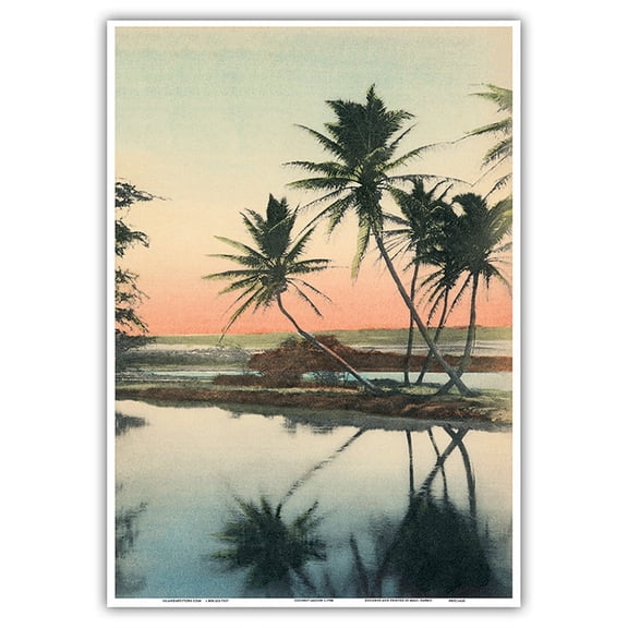 Coconut Lagoon - Hawaii & South Seas Curio Company - Vintage Hawaiian Hand-Colored Postcard by Ray Jerome Baker c.1908 - Master Art Print 10in x 14in