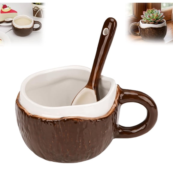 Coconut Mug, 10 oz Coconut Shaped Ceramic Coffee Cup with Spoon, Cute Tropical Tea Mug for Cocoa, Oatmeal, Dessert, Party Decor Novelty Kitchen Gift for Coworker Friends Adult