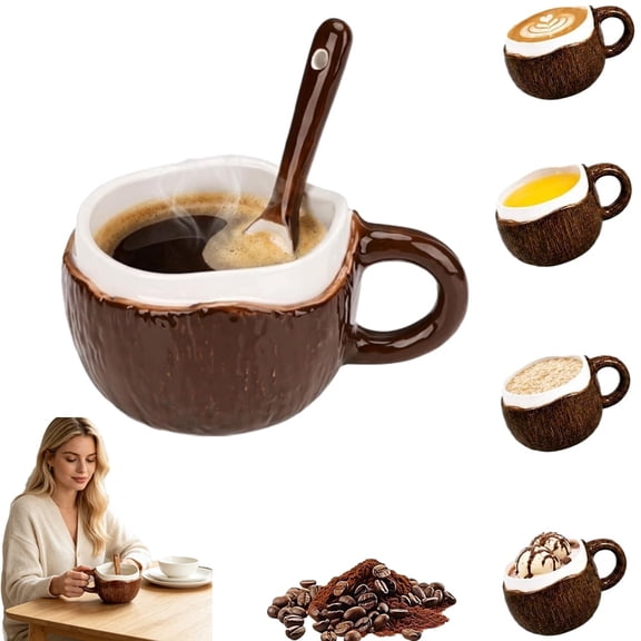 Coconut Mug, Coconut Shell Mug with Spoon, Coconut Style Ceramic Bowl, Rustic Mug for Coffee Tea Oatmeal Hot Chocolate, Fun Gift for Home Office