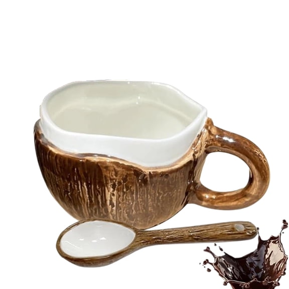Coconut Mug Cup with Spoon 8/15oz Ceramic Coconut Shell Coffee Cup, Cute Brown Handcrafted Drinkware with Comfortable Grip for Tea & Oatmeal