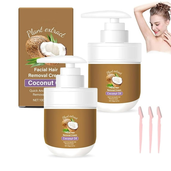 Coconut Oil Facial Hair Removal Cream, Coconut Oil Hair Removal Cream, Facial Hairs Removal Coconuts Creams, Gentle Body Hair Remover Cream for all Skin (2PC)