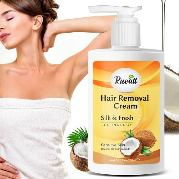 RUOALL 200ml White Bottle Coconut Oil Hair Removal Cream - Gentle & Effective Depilatory with Natural Coconut Extract, Smooth Skin in Minutes