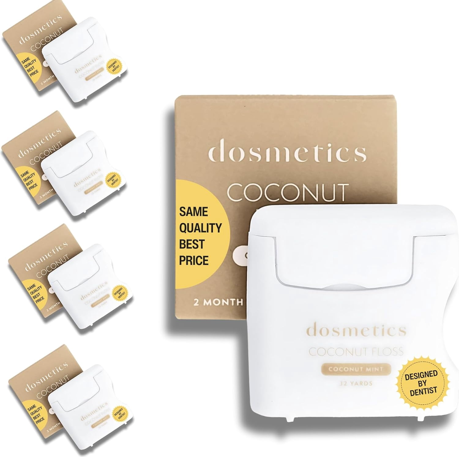 Coconut Oil Infused Thick Dental Floss 5 Pack, Coconut Mint Expanding Dental Floss, Oral Care Stretchable Floss, Tooth Floss for Plaque Removal and Protection, 32 Yards x 5 Flossers