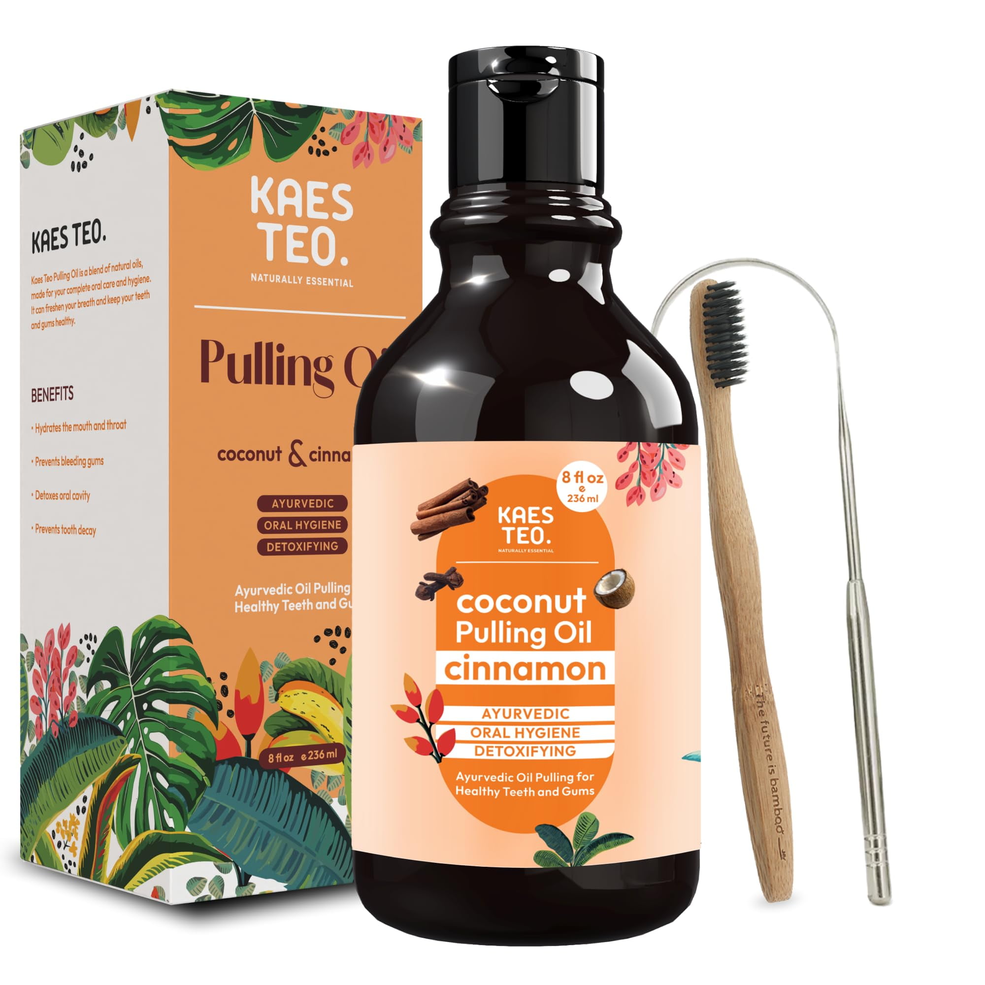 Coconut Oil Pulling with Cinnamon & Clove Bud Essential Oil for Healthy Teeth & Gums, Bad Breath Treatment, Teeth Whitening Mouthwash, Healthy Teeth & Gums, Alcohol Free, 100% Natural 8 Fl Oz