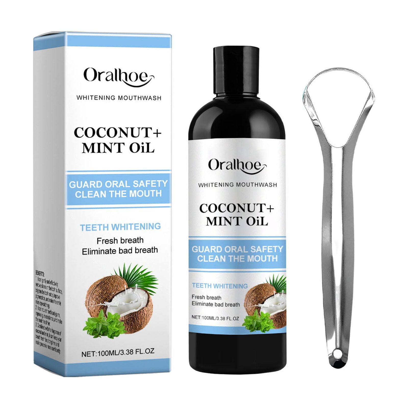 Coconut Oil Pulling, Fresh Breath & Whitening Mouthwash, 7 Essential Oils & Vitamins for Happy Teeth & Gums, Alcohol-Free, Oral Hygiene, Natural Teeth Whitening, Includes Tongue Scraper, Clearance