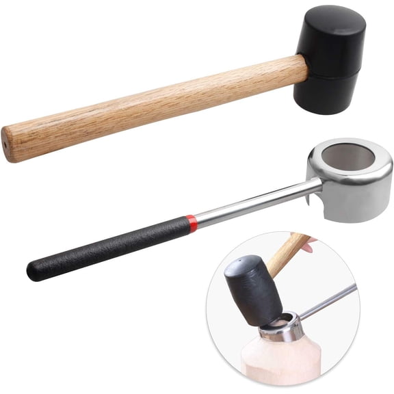 Coconut Opener Tools with Hammer, Super Safe & Easy to Open Young Coconuts Tool, Food Grade Stainless Steel Coconut Opener Set, Rubber Mallet with Handle