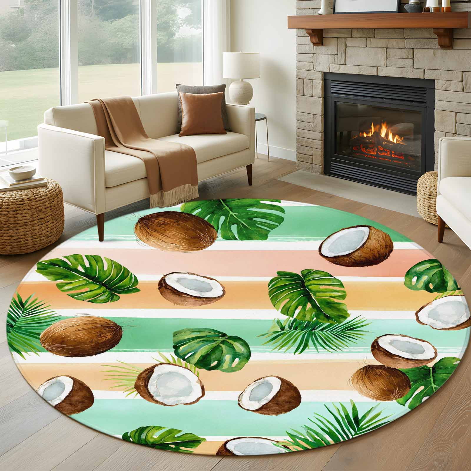 Coconut Palm Leaf Round Rugs for Living Room 5ft Tropical Watercolor ...