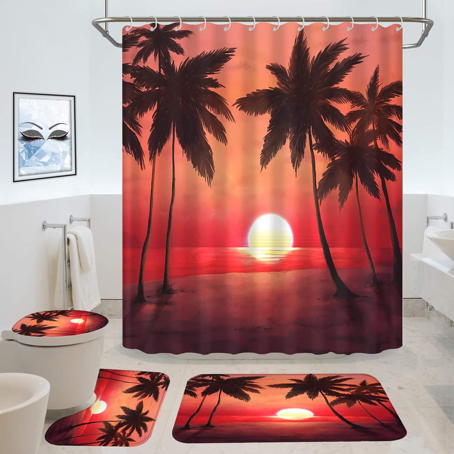 Coconut Palm Shower Curtain Set,4PCS Purple Sun Bathroom Sets with ...