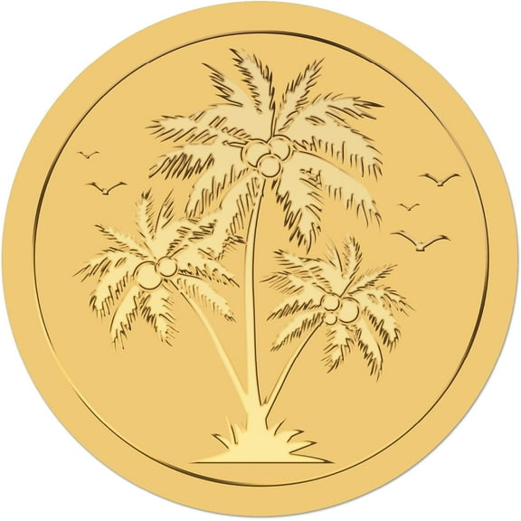 Coconut Palm Tree Gold Envelopes Stickers 2" Sea Seagulls Self Adhesive Embossed Foil Seals Round Labels for Wedding Award Invitation Greeting Card Diplomas Gift Wrapping Decor