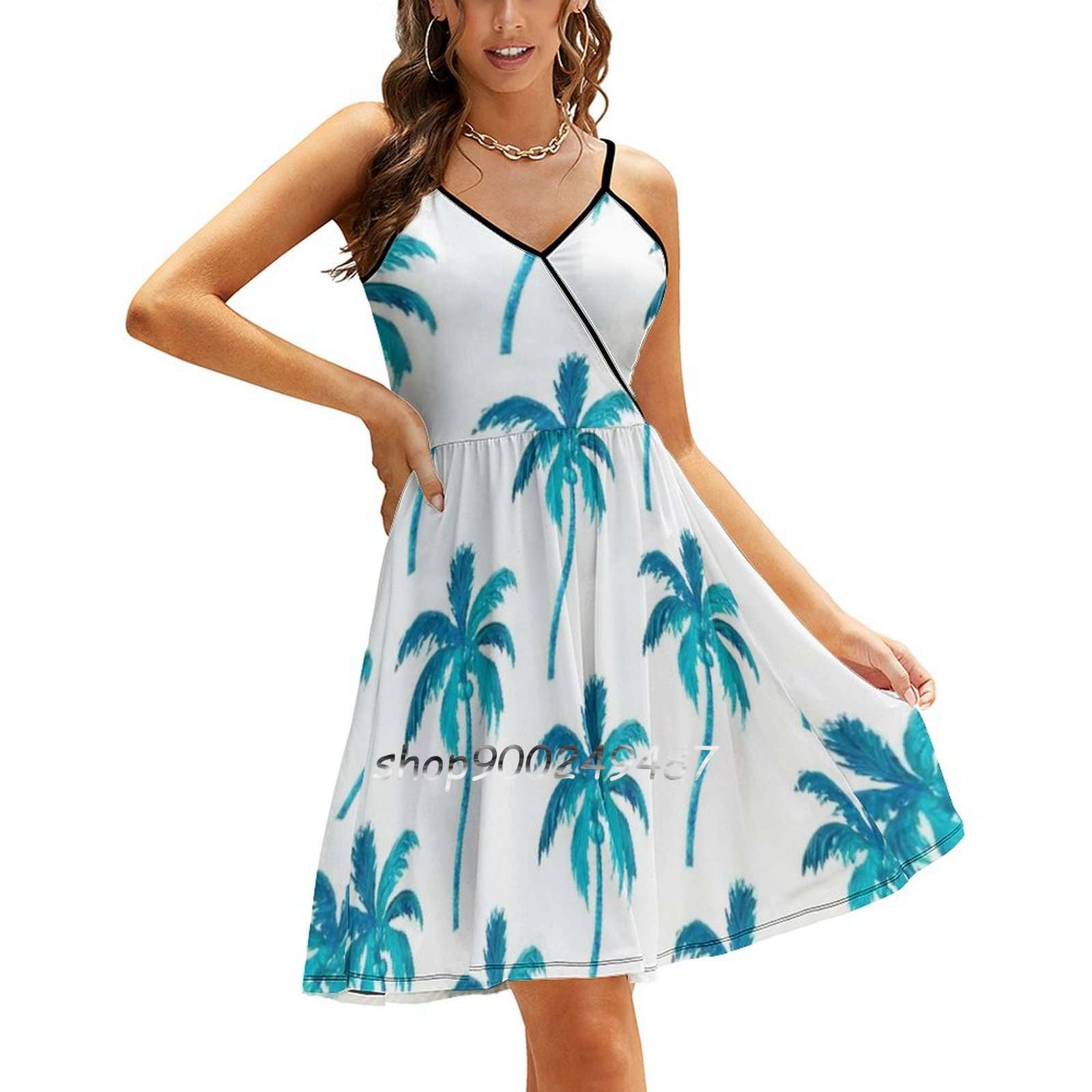 Coconut Palm Tree Square Neck Dress New Plus Size Elegant Women Waist ...