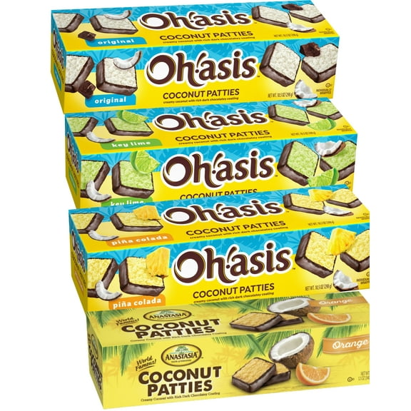 Coconut Patties, Chocolate, Anastasia Coconut Patties Original, Coconut orange, key Lime Patties and Pina Colada Patties, (4 count) 12oz, Variety pack