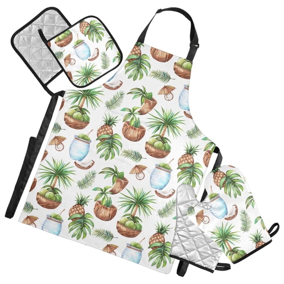 Coconut Pineapple Tree Leaf 5 Pcs Kitchen Set Heat Resistant Oven Mitts and Non-Slip Pot Holders with Adjustable Cooking Apron