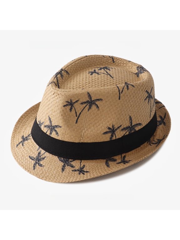 Coconut Print Straw Hat for Men, Summer Beach Sun Protection Cap with Brim, Breathable Lightweight British Style Jazz Hat for Daily Commute Seaside Vacation, Multiple Colors