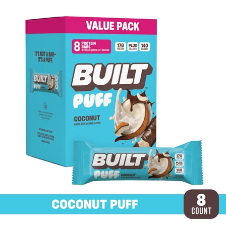 BUILT Puff Protein Bar, Coconut, 17g Protein, Collagen, 140 Calories, 8 Count Box, 1.41 oz Bars