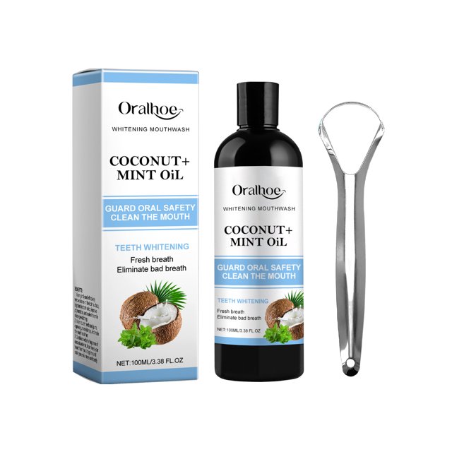 Coconut Pulling Oil , Mint Oil Pulling Mouthwash with Tongue Scraper
