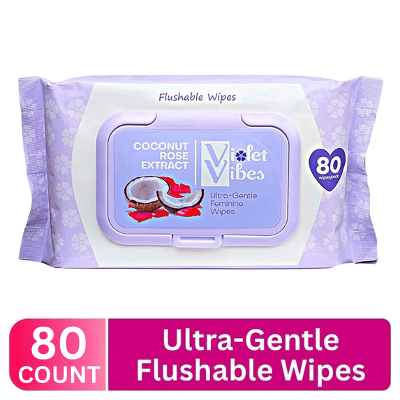 Violet Vibes Flushable Wipes, Wet Wipes for Women, Coconut Rose, 80 Count, 1 Pack