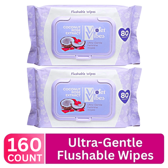 Violet Vibes Women Wet Flushable Wipes, Plant-Based, Gentle on Sensitive Skin, Coconut Rose, 2 Pack, 160 Total Wipes