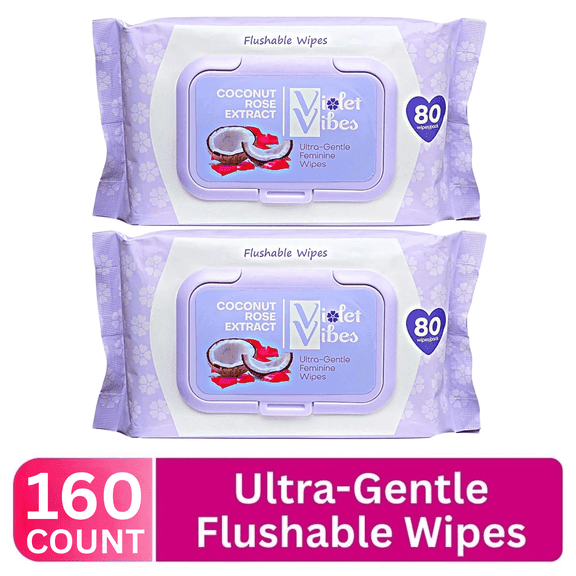 Violet Vibes Women Wet Flushable Wipes, Plant-Based, Gentle on Sensitive Skin, Coconut Rose, 2 Pack, 160 Total Wipes