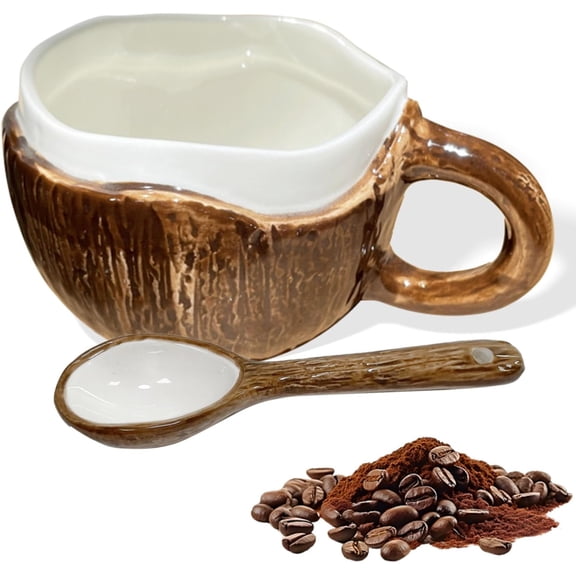 Coconut Shaped Ceramic Mug with Spoon, 10 oz Coffee Cup for Tea, Oatmeal, Hot Chocolate, Fun Gift Mug for Home or Office