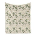 thumbnail image 1 of Coconut Soft Flannel Fleece Blanket, Island Pattern with Sailboat Summer Sun Clouds Palm Trees Beach Landscape, Cozy Plush for Indoor and Outdoor Use, 50" x 60", Hunter Green Beige, by Ambesonne, 1 of 5