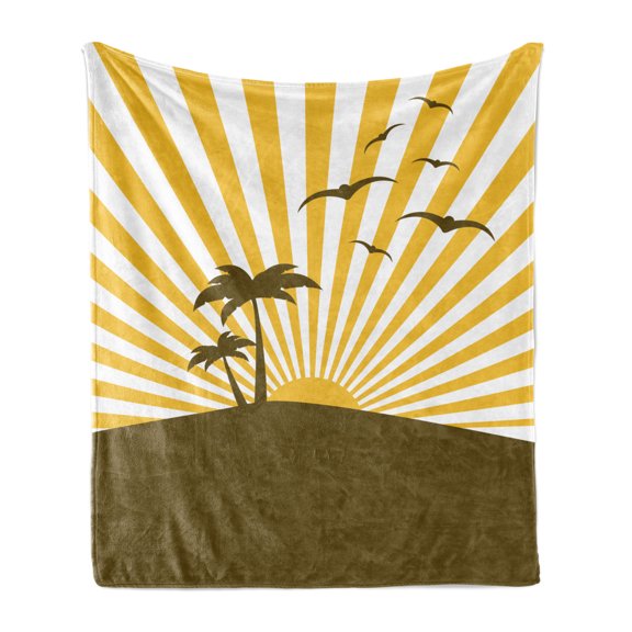 Coconut Soft Flannel Fleece Throw Blanket, Pop Art Style Island with Palms Seagulls Sun Caribbean Evening, Cozy Plush for Indoor and Outdoor Use, 50" x 60", Earth Yellow Chocolate, by Ambesonne