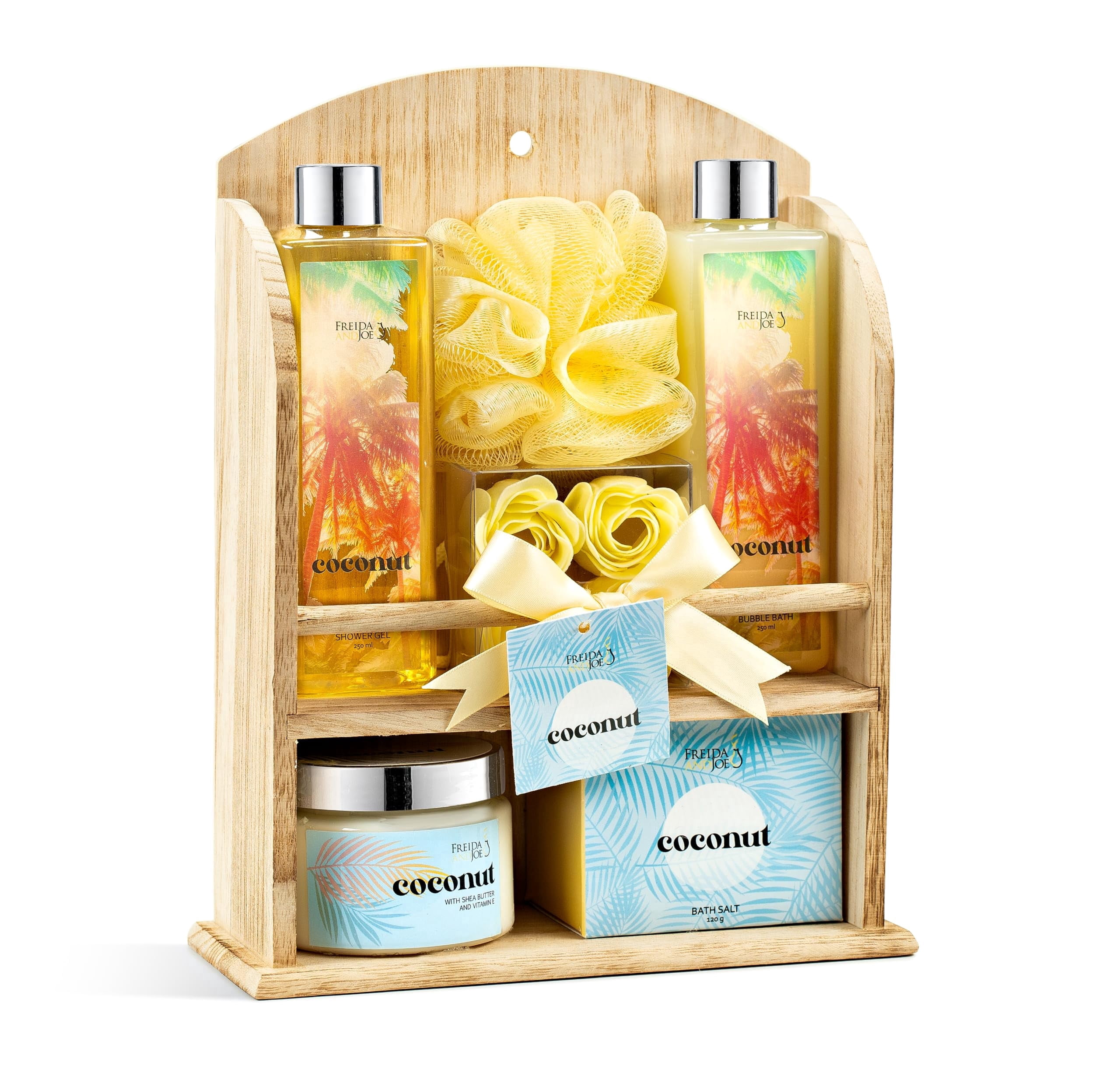 Coconut Spa Gift Basket for Women, Tropical Bath & Body Gift Set with Shower Gel, Bubble Bath, Lotion & Bath Salts, Mother’s Day Gift in Wooden Curio Shelf