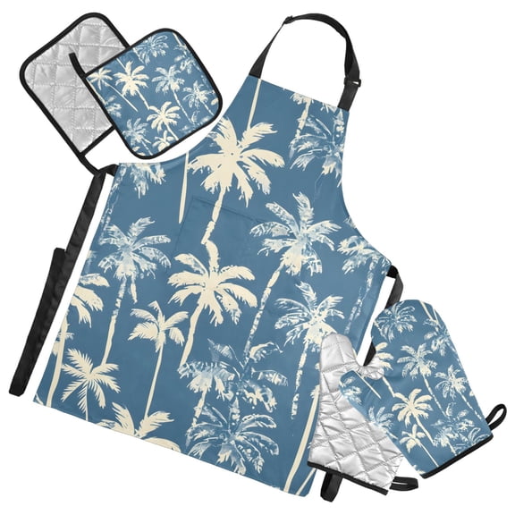 Coconut Tree 5 Pcs Kitchen Set Heat Resistant Oven Mitts and Non-Slip Pot Holders with Adjustable Cooking Apron