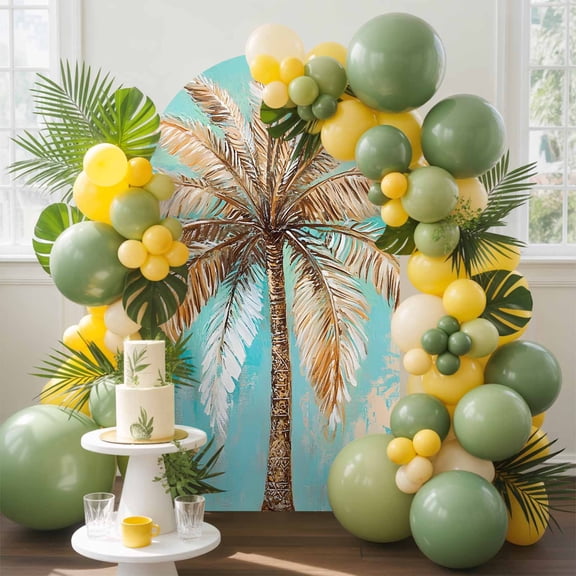 Coconut Tree Arch Backdrop Cover, 4FT, Tropical Plant Vintage Spandex Arch Covers Double-Sided Backdrop for Wedding Birthday Party Photo Background Decoration