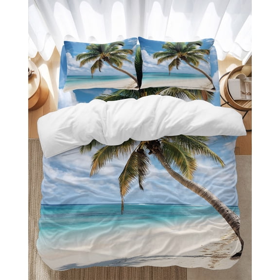 Coconut Tree Bedding Duvet Cover Set Queen Size 4 Pieces Ocean Beach Blue Sky Summer Vacation Bedding Set with Zipper Closure, 1 Comforter Cover 90x90 Inches 1 Flat Sheet & 2 Pillow Cases