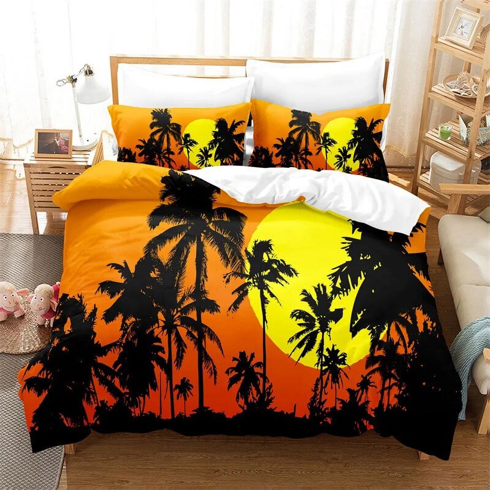 Coconut Tree Bedding Set Seaside Sunset Duvet Cover Set Double Bed Romantic Bedding Girl Quilt