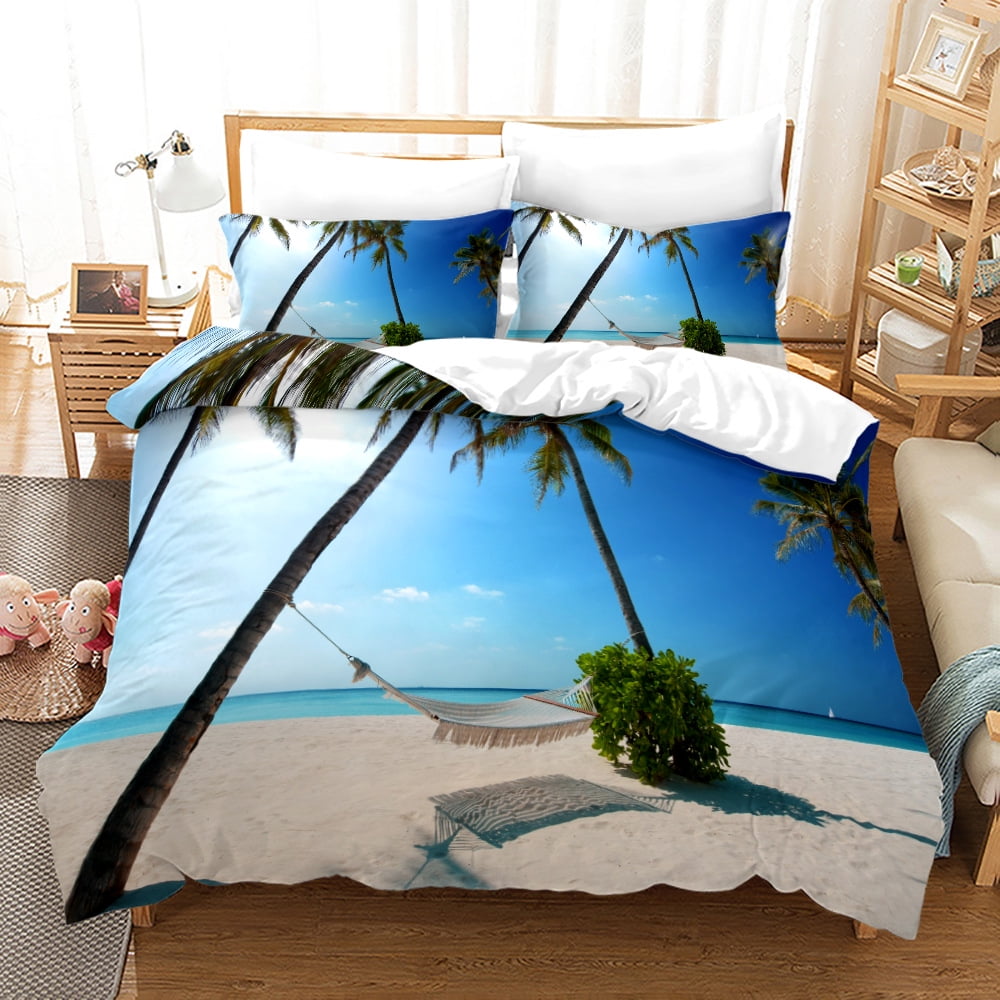 Coconut Tree Comforter Cover Hawaiian Beach Bedding Set Teal Purple Sky