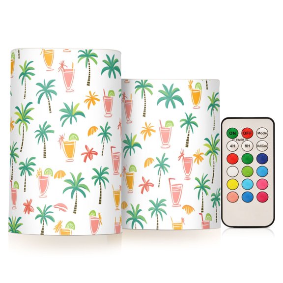 Coconut Tree Drink Pattern Flameless LED Candle Set with Remote, Battery Operated Color Changing Pillar Candles, Set of 2