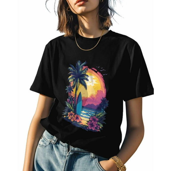 Coconut Tree Flower Womens Tshirt Graphic Tees Cotton Crew Neck T-Shirts, Casual Short Sleeve Shirts for Women Teen Girl Summer Beach Sunset