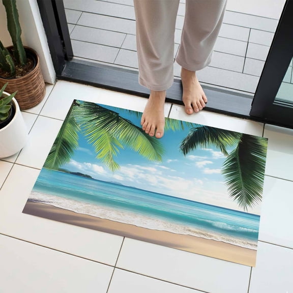 Coconut Tree Indoor Door Mat 16x24 Inch Beach Blue Sky Sea Summer Scenery Tropical Front Door Mat Non Slip Washable Entryway Rug Low Profile Dirt Trapper Doormat for Bathroom Kitchen Bedroom
