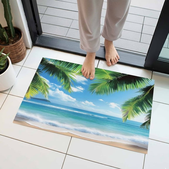 Coconut Tree Indoor Door Mat 16x24 Inch Tropical Beach Sky Sea Summer Scenery Front Door Mat Non Slip Washable Entryway Rug Low Profile Dirt Trapper Doormat for Bathroom Kitchen Bedroom